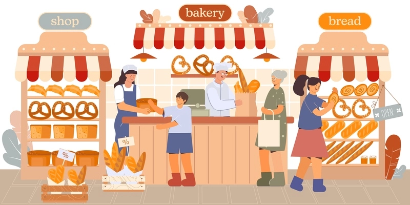 Satisfied customers in the bakery shop and an abundance of assortment flat vector illustration