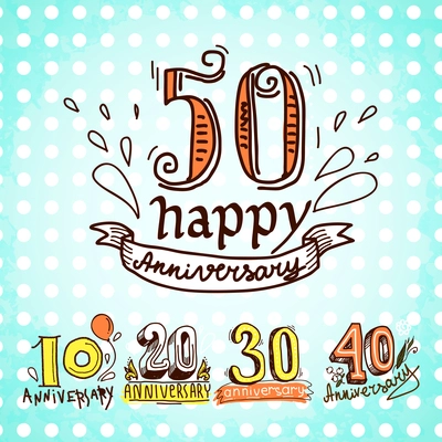 Anniversary celebration ceremony congratulations sketch 10 20 30 40 50 signs colored collection set vector illustration