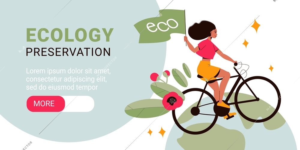 Flat ecology preservation horizontal banner with woman riding bike with flowers and green flag vector illustration