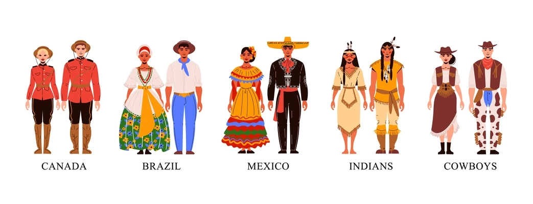 Flat characters from american countries in their national clothes icons set on white background isolated vector illustration