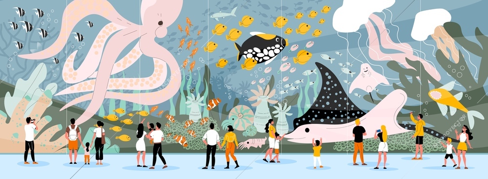 Men women and kids watching giant sea creatures and underwater plants in oceanarium flat horizontal vector illustration