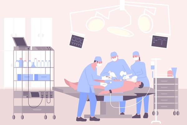 Operation in hospital flat composition with surgery room scenery and group of surgeons performing surgical operation vector illustration