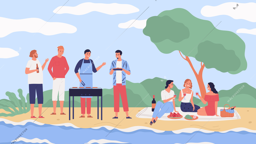 Friends drinking wine beer eating fruits cooking meat at outdoor bbq party near river flat vector illustration