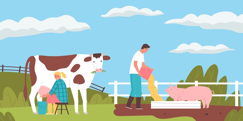 Smiling people milking cow and feeding pigs on farm flat vector illustration