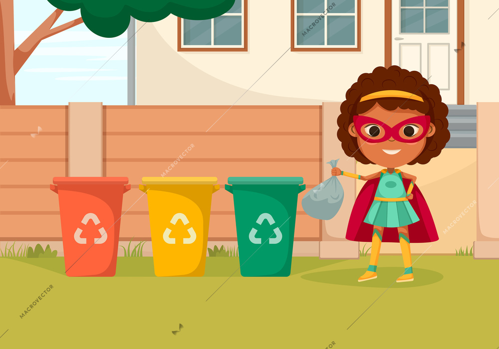 Cartoon colored kids superheroes composition with superhero girl throws trash in the recycling bin vector illustrationCartoon colored kids superheroes composition with superhero girl throws trash in the recycling bin vector illustration