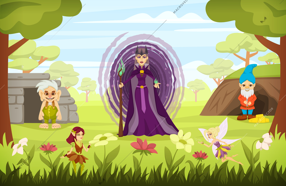 Fairy tale characters cartoon colored composition with the evil sorceress is standing with dwarves and little fairies around her vector illustration