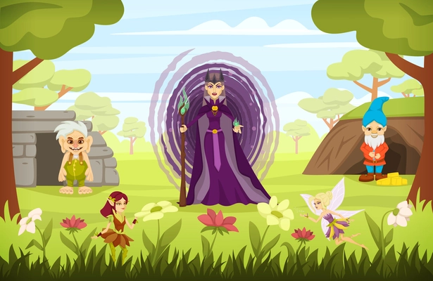 Fairy tale characters cartoon colored composition with the evil sorceress is standing with dwarves and little fairies around her vector illustration