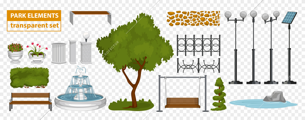 Park elements set on transparent background with isolated icons of lamp posts flower beds and benches vector illustration