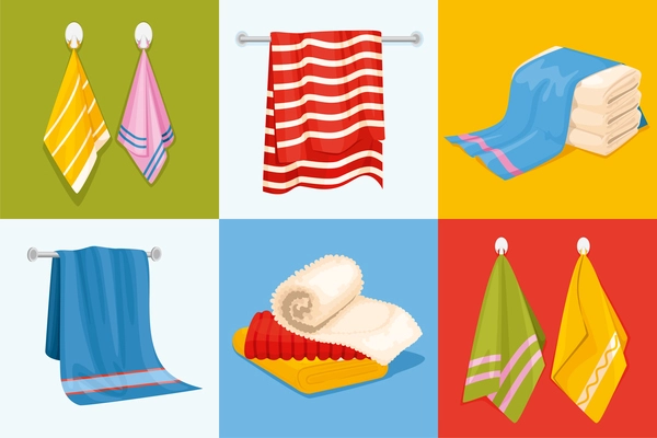 Towel design concept with six square compositions with stacked and hanging towel images of different color vector illustration