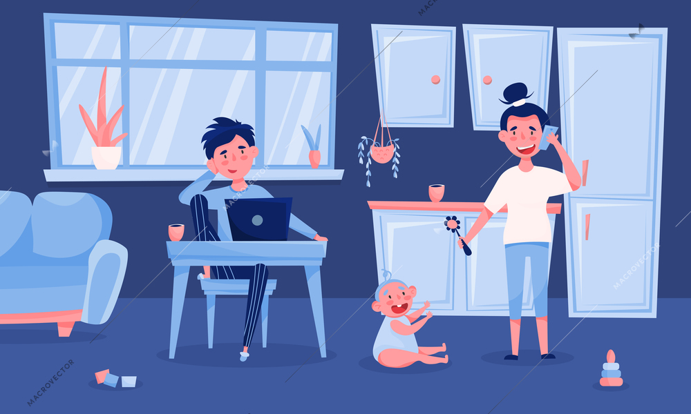 Freelancers young family with baby working home blue interior funny cartoon composition father with laptop vector illustration