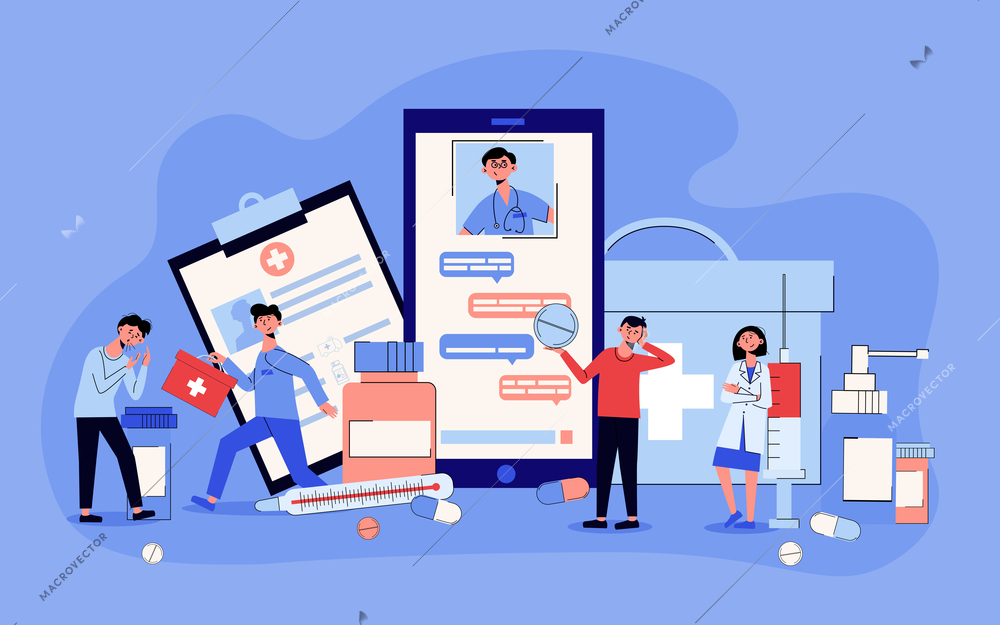 Online medicine chat with doctor on smartphone screen advice medication thermometer cartoon composition background composition vector illustration