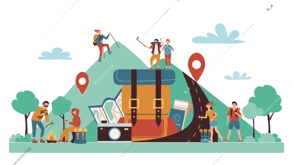 Self guided camping travel cartoon composition with online map location symbols tourists hiking climbing mountains vector illustration