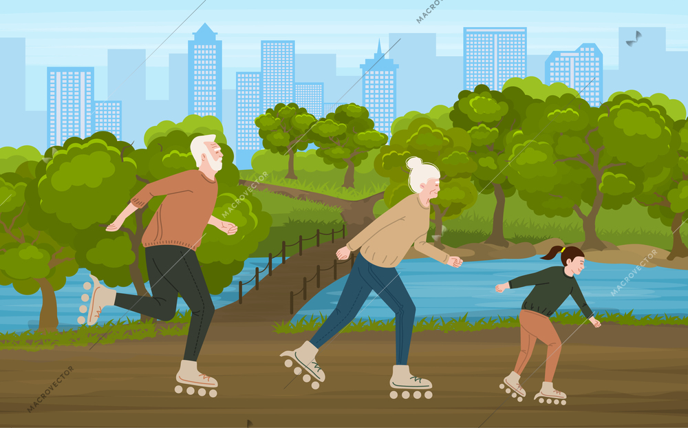 Active seniors and their granddaughter rollerblading in the park color flat vector illustration