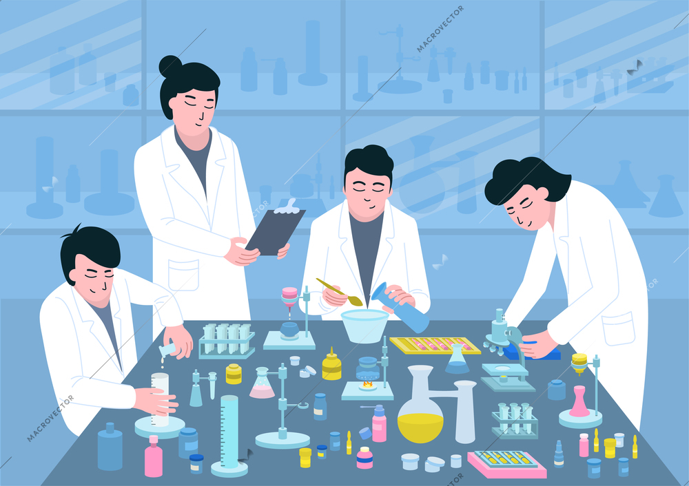 Medical development at the table of pharmaceuticals on a blue background flat vector illustration