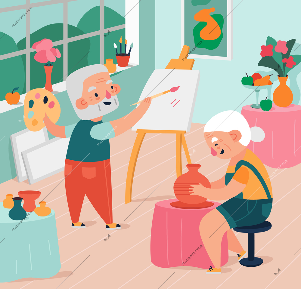 Elderly people are engaged in creative actions, draw and sculpt in the studio flat vector illustration