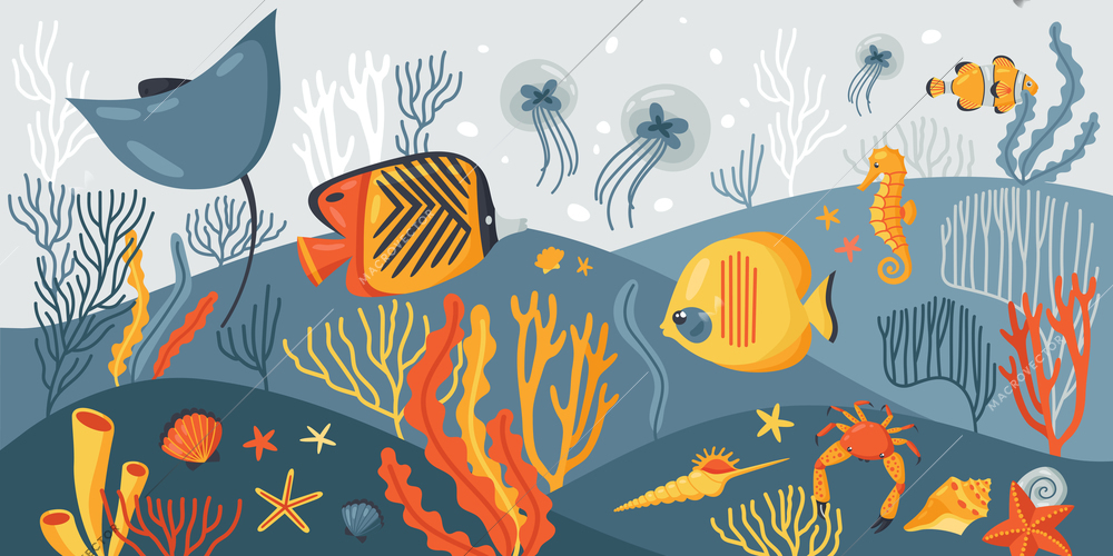 Yellow fish and other marine life on the seabed sea ocean flat vector illustration