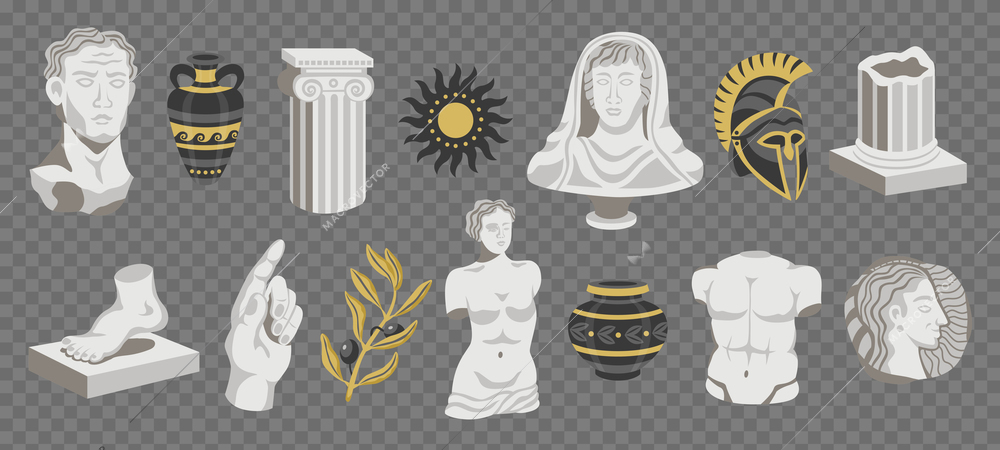 Set of isolated antique statues icons on transparent background with pieces of sculptures pillars and bowls vector illustration