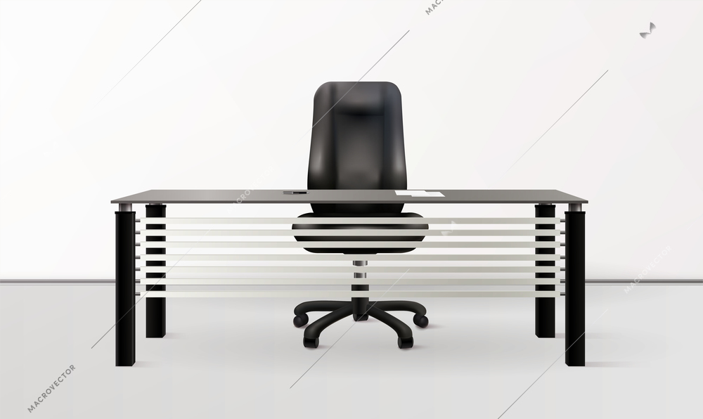 Office interior monochrome background with modern furniture and comfortable ergonomic chair on wheels realistic vector illustration