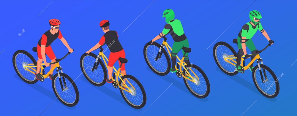 Sport cycling isometric set with isolated images different angle views of bike riders wearing protective equipment vector illustration