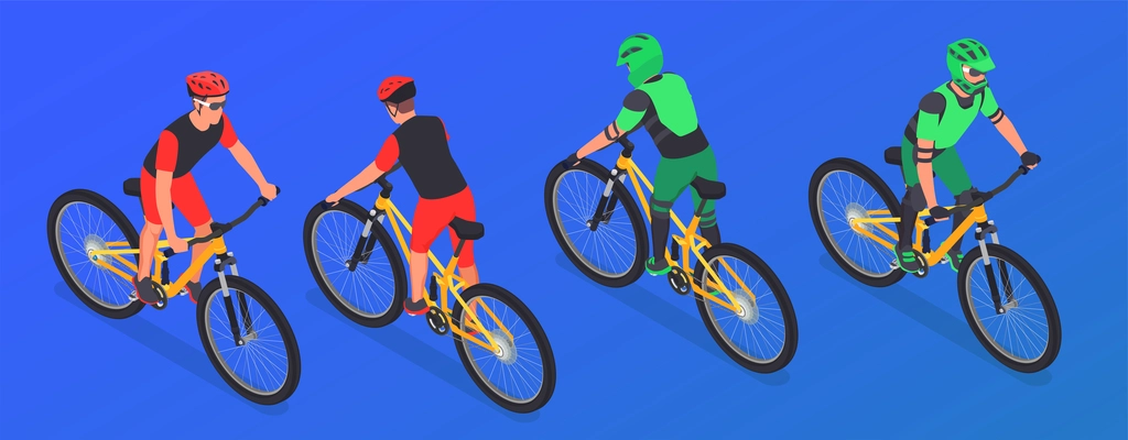 Sport cycling isometric set with isolated images different angle views of bike riders wearing protective equipment vector illustration