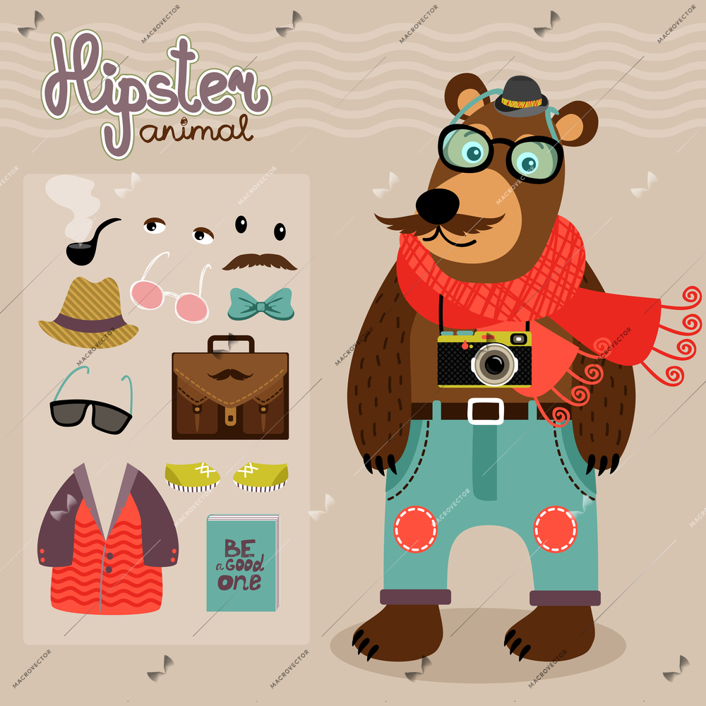 Hipster character pack for geek animal teddy bear with accessory clothing and facial elements vector illustration