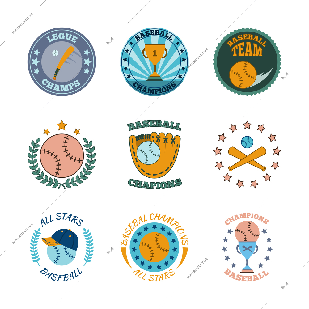 Baseball college champs all stars winners club color labels set with champions trophy abstract  isolated vector illustration