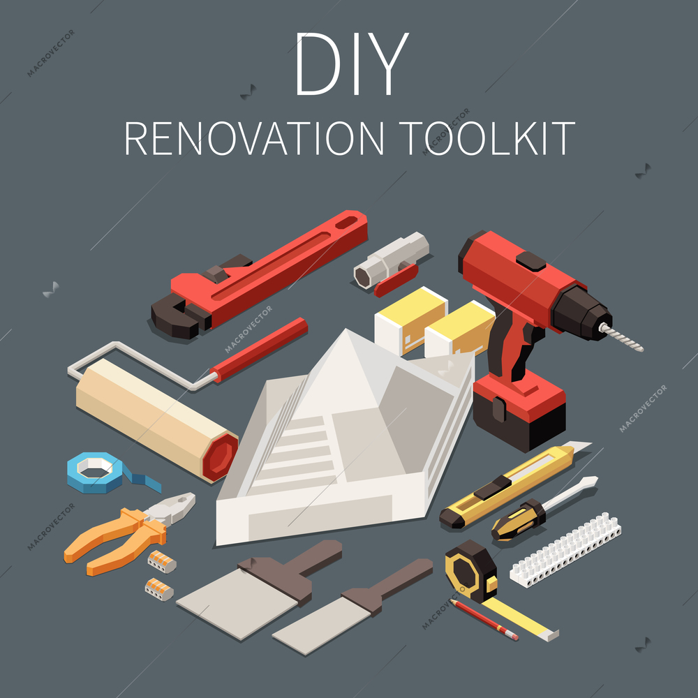 Isometric diy toolkit for building renovation with drill spatula roller pliers screwdriver knife 3d vector illustration