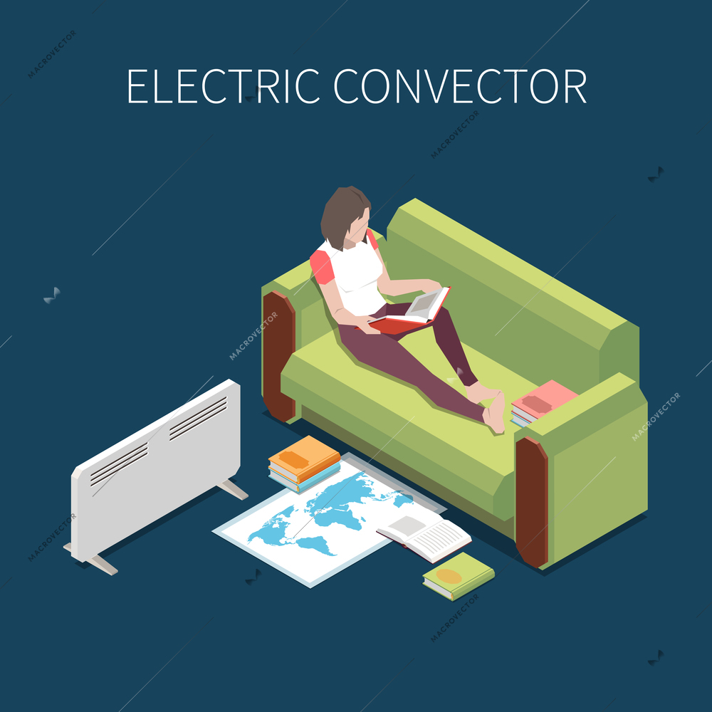 Woman reading on sofa with electric convector heating room 3d isometric vector illustration