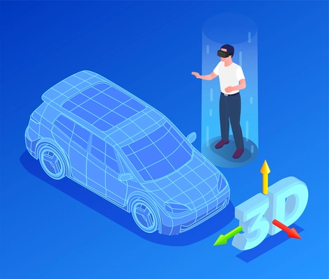 Car designer profession isometric with 3d model and vr symbols  vector illustration