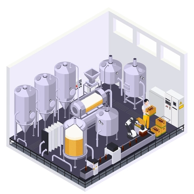 Brewery beer production isometric composition with indoor view of metal jars with tubes and conveyor live vector illustration
