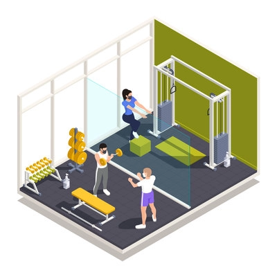 Gym workout center pandemic precautions rules isometric composition with strength training in facemasks using sanitizer vector illustration