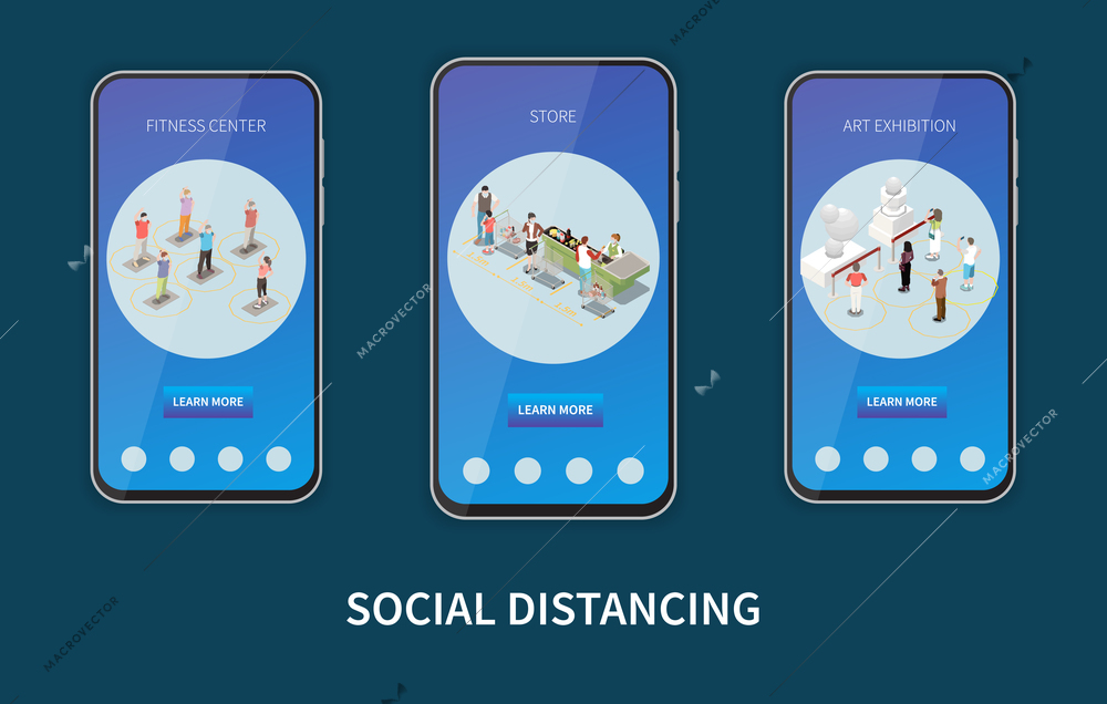 Set of three isolated social distancing isometric banners in smartphone frames with text and human characters vector illustration