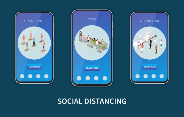 Set of three isolated social distancing isometric banners in smartphone frames with text and human characters vector illustration