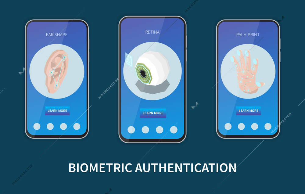 Biometric authentication isometric set of three vertical banners in smartphone frames with personal identification methods images vector illustration