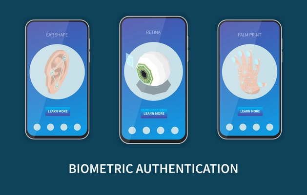 Biometric authentication isometric set of three vertical banners in smartphone frames with personal identification methods images vector illustration