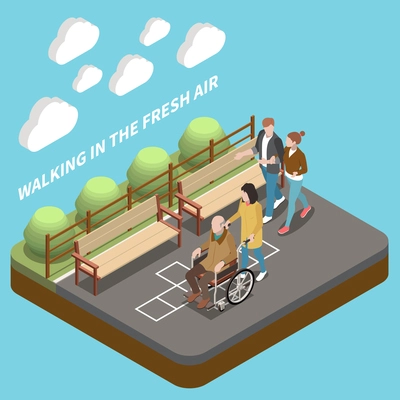 Elderly people professional social help service isometric composition with text and park lane with walking people vector illustration