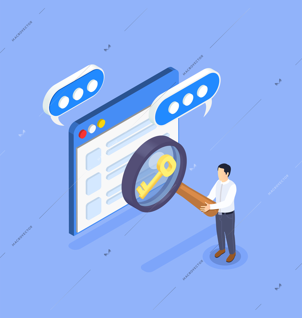 App store optimization and keyword searching isometric concept with character holding magnifying glass vector illustration