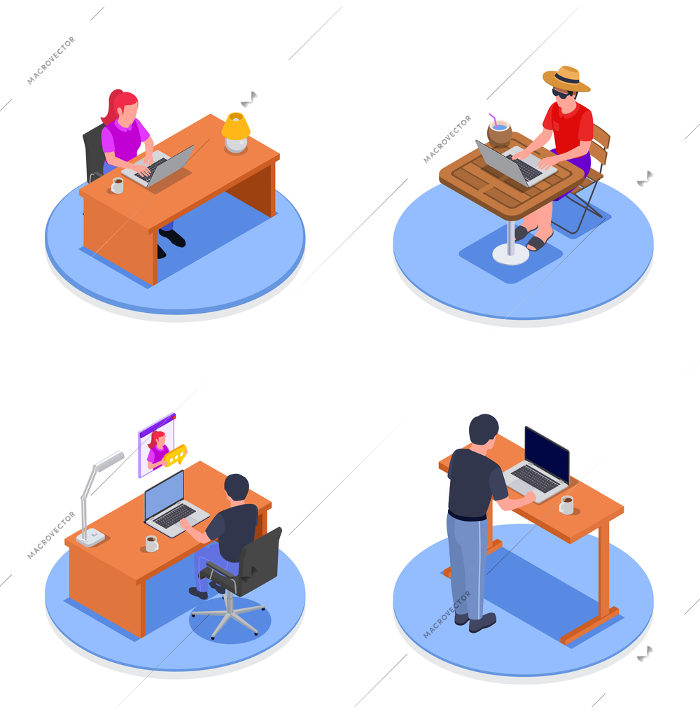 Isometric 2x2 design concept with people having distance work at home and outdoors isolated on white background vector illustration