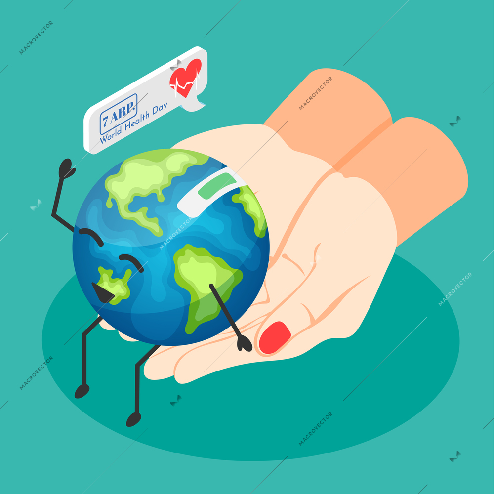 World health day concept with female doctor hands holding smiling planet earth on green background isometric vector illustration
