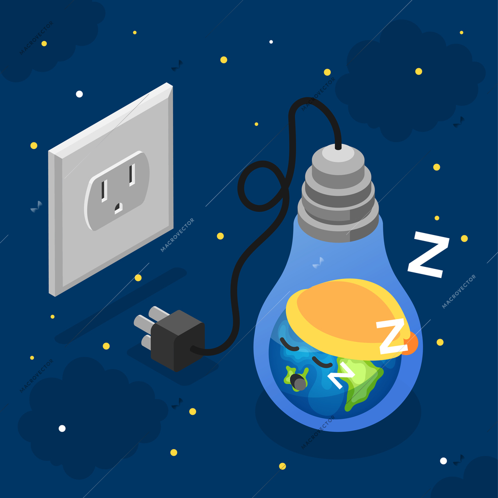 Earth hour concept with earth sleeping in light bulb plugged out of socket on background with night sky isometric vector illustration