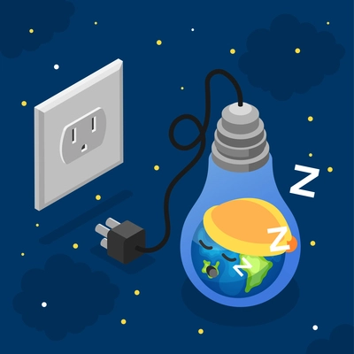 Earth hour concept with earth sleeping in light bulb plugged out of socket on background with night sky isometric vector illustration