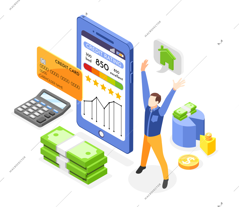 Isometric composition with happy character report with credit rating card money on white background vector illustration