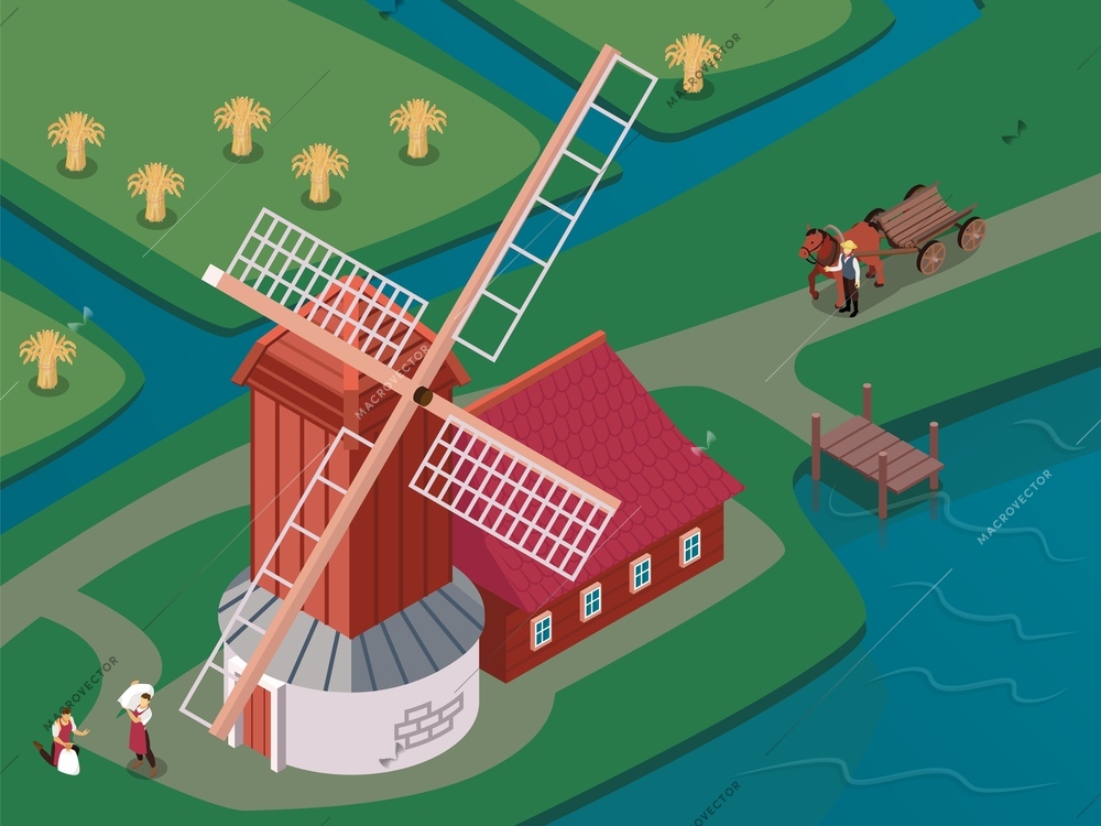 Old fashioned windmill with sails spinning atop of wooden tower surrounded by canals isometric composition vector illustration