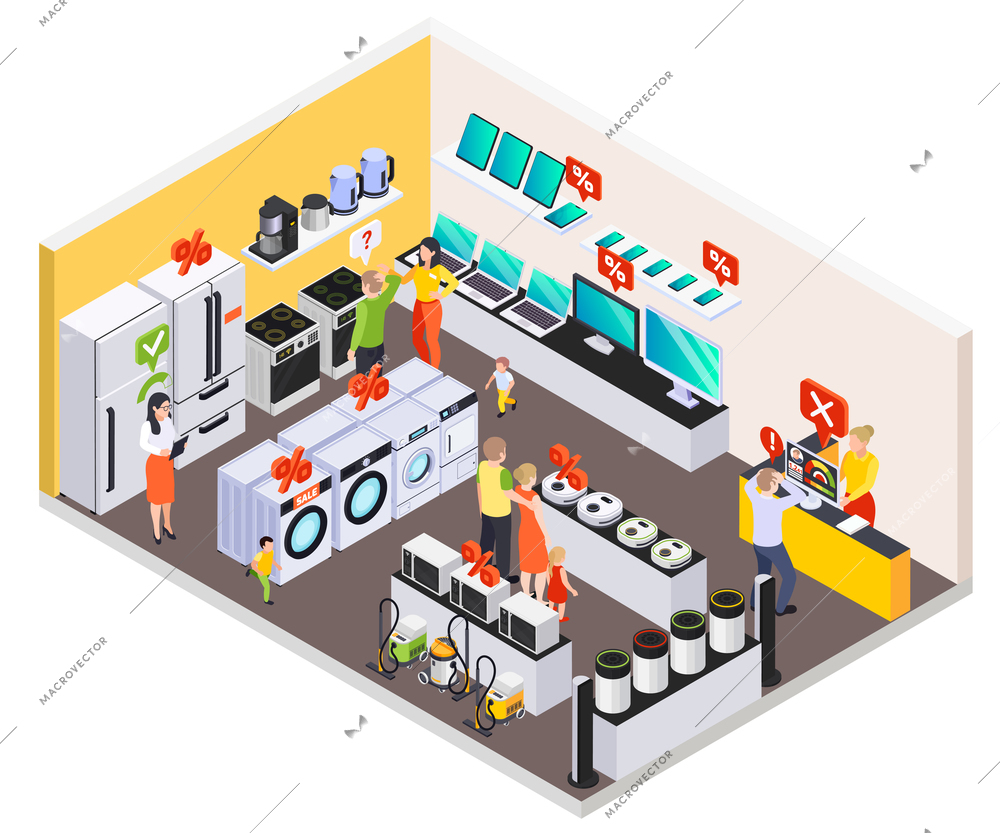 Bank loan isometric composition with view of consumer electronics store and home appliances with percentage icons vector illustration