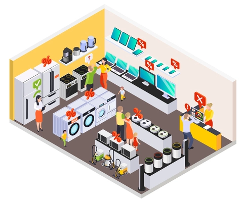 Bank loan isometric composition with view of consumer electronics store and home appliances with percentage icons vector illustration