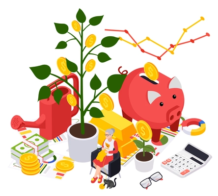 Retirement preparation plan isometric composition with elderly woman sitting next to money tree with piggy bank vector illustration