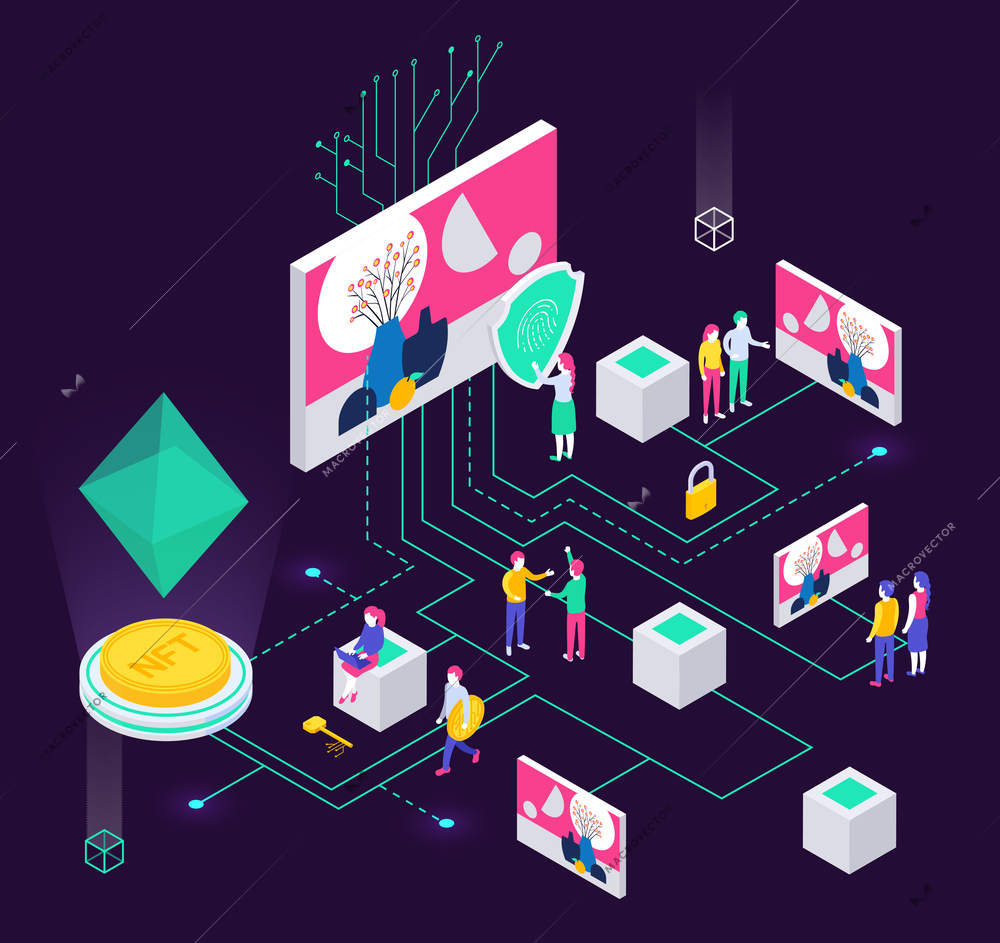 Cryptographic art crypto art nft isometric composition with human characters and holographic objects connected with lines vector illustration