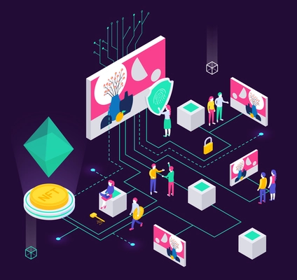 Cryptographic art crypto art nft isometric composition with human characters and holographic objects connected with lines vector illustration