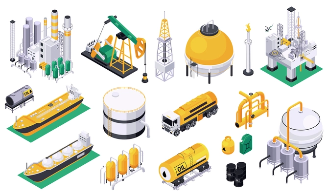 Oil petroleum industry set of isolated icons with fuel tanks pipes oil pumps and offshore platform vector illustration