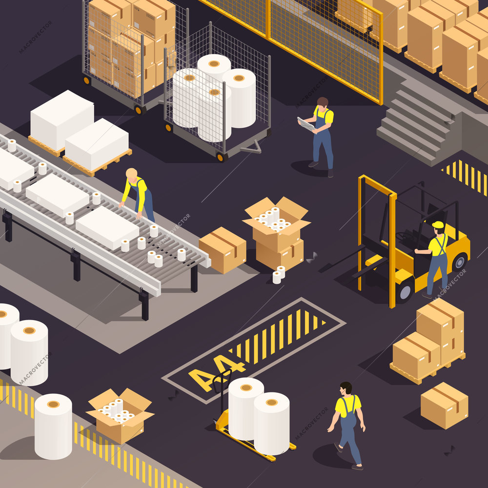 Isometric paper production composition people in production work in a paper-making shop vector illustration